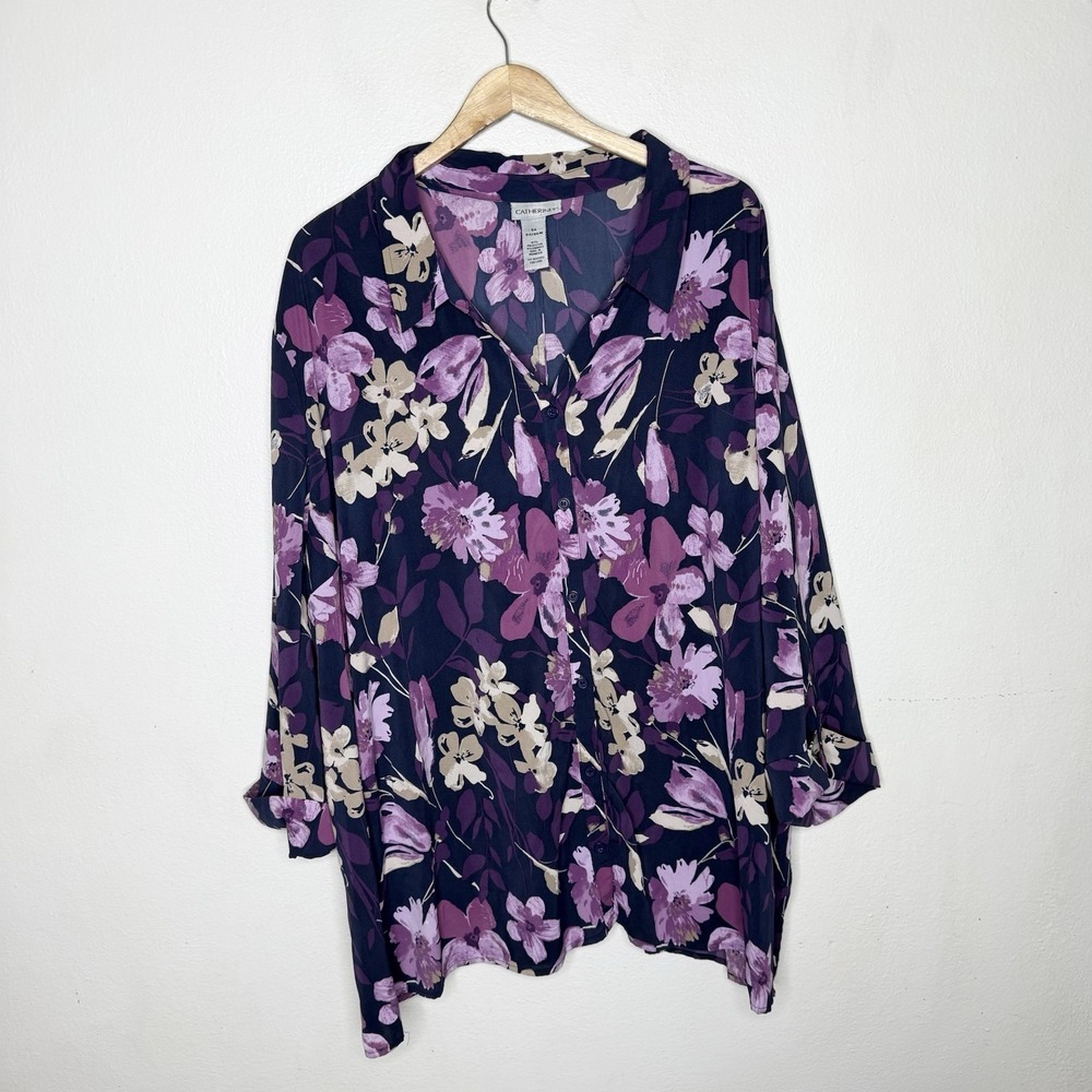 Catherines Purple Breezeway Georgette Floral Blouse Button Womens 5X 34/36W
